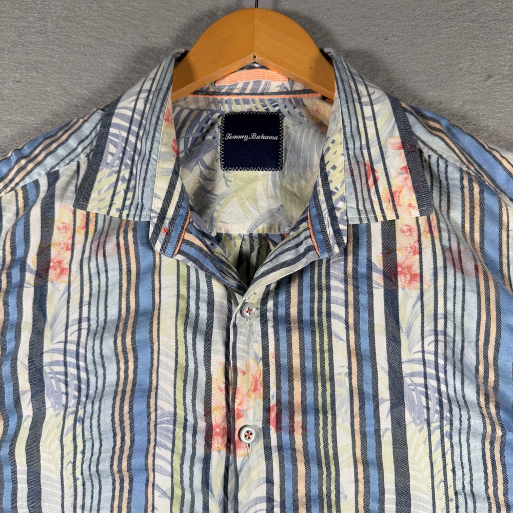 Tommy Bahama Mens XL Blue Striped Tropical Floral Long Sleeve Button Front Shirt - Picture 4 of 12